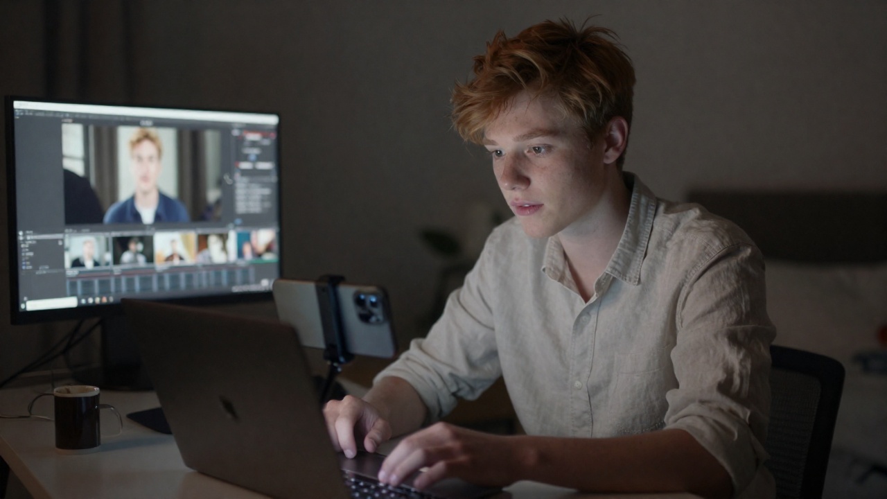 Smartphone on a small tripod at a podcast desk, its screen showing a vertical captioned clip cut from the widescreen interview on the monitor behind it