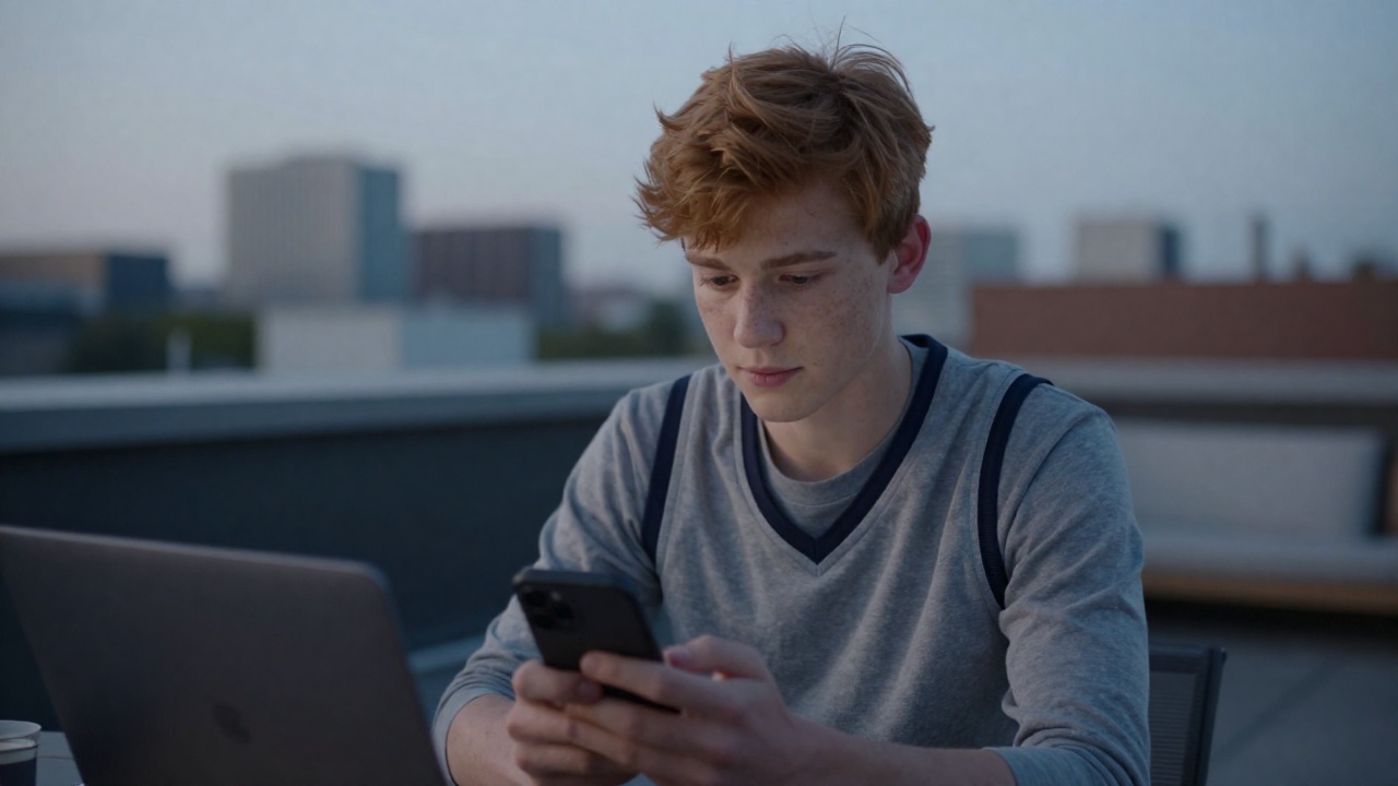 Young creator checking the Shorts statistics of his channel on a laptop in a small bedroom studio at dusk