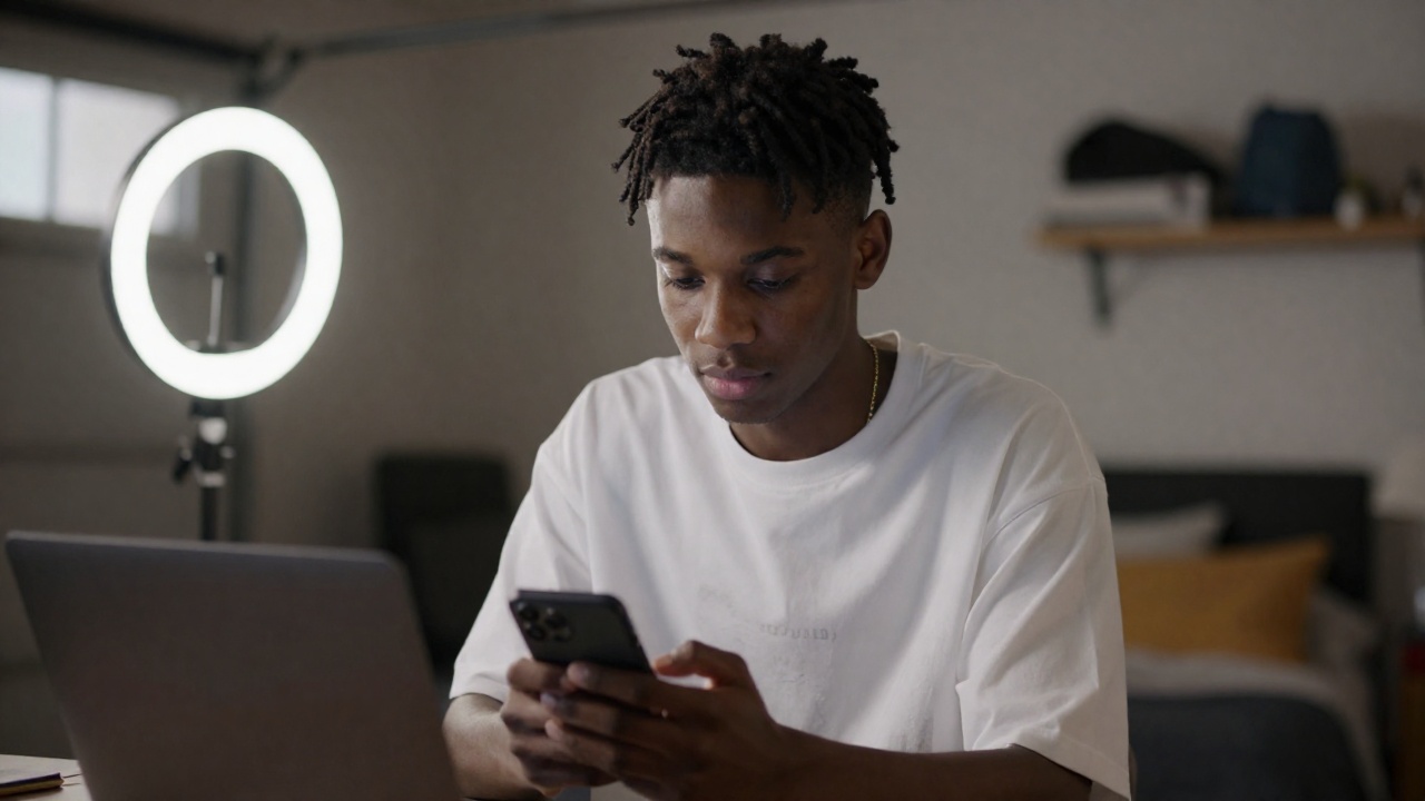 A creator in his early twenties at night in his bedroom, lit by the screen, cutting a video on his phone