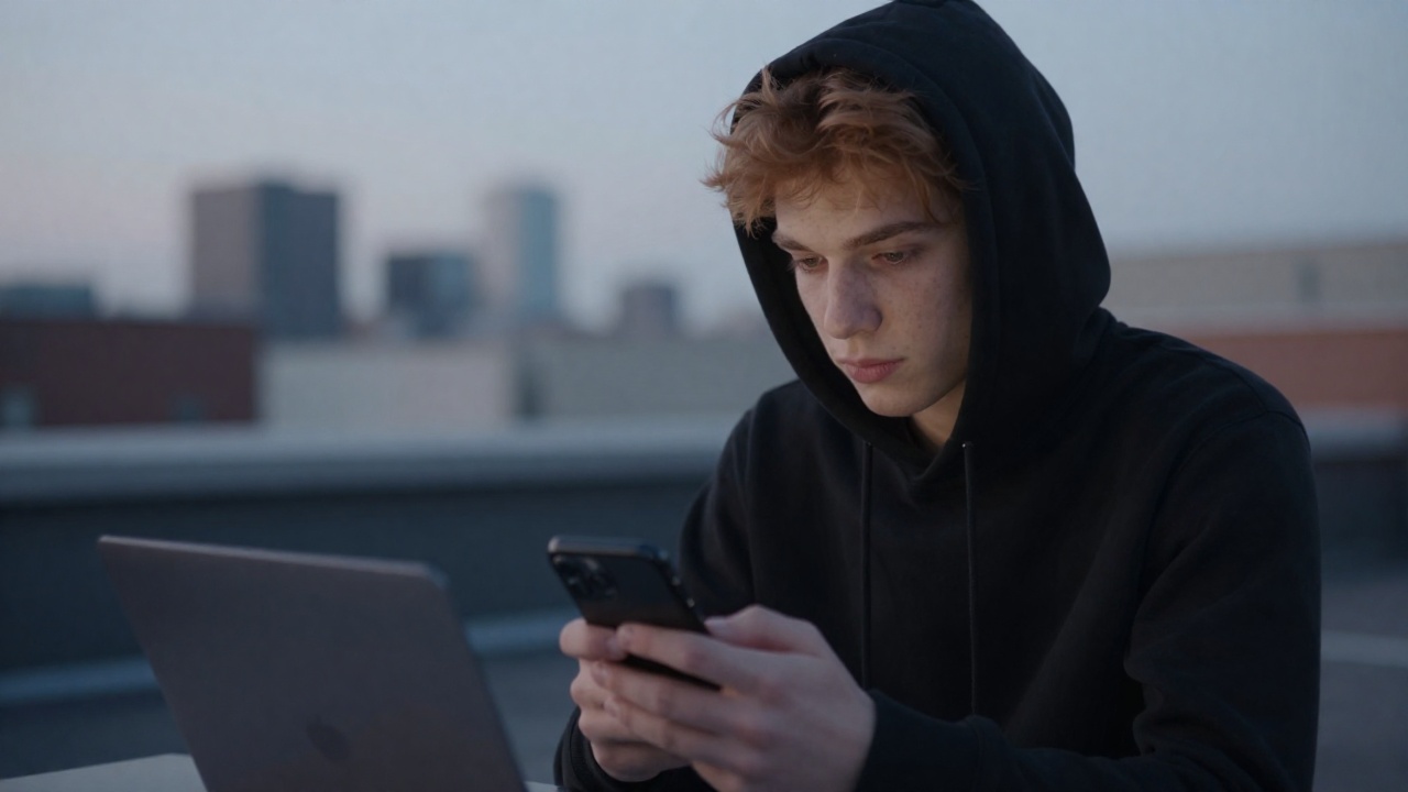 Young creator checking the length of a vertical video on his phone, laptop open beside him on the desk