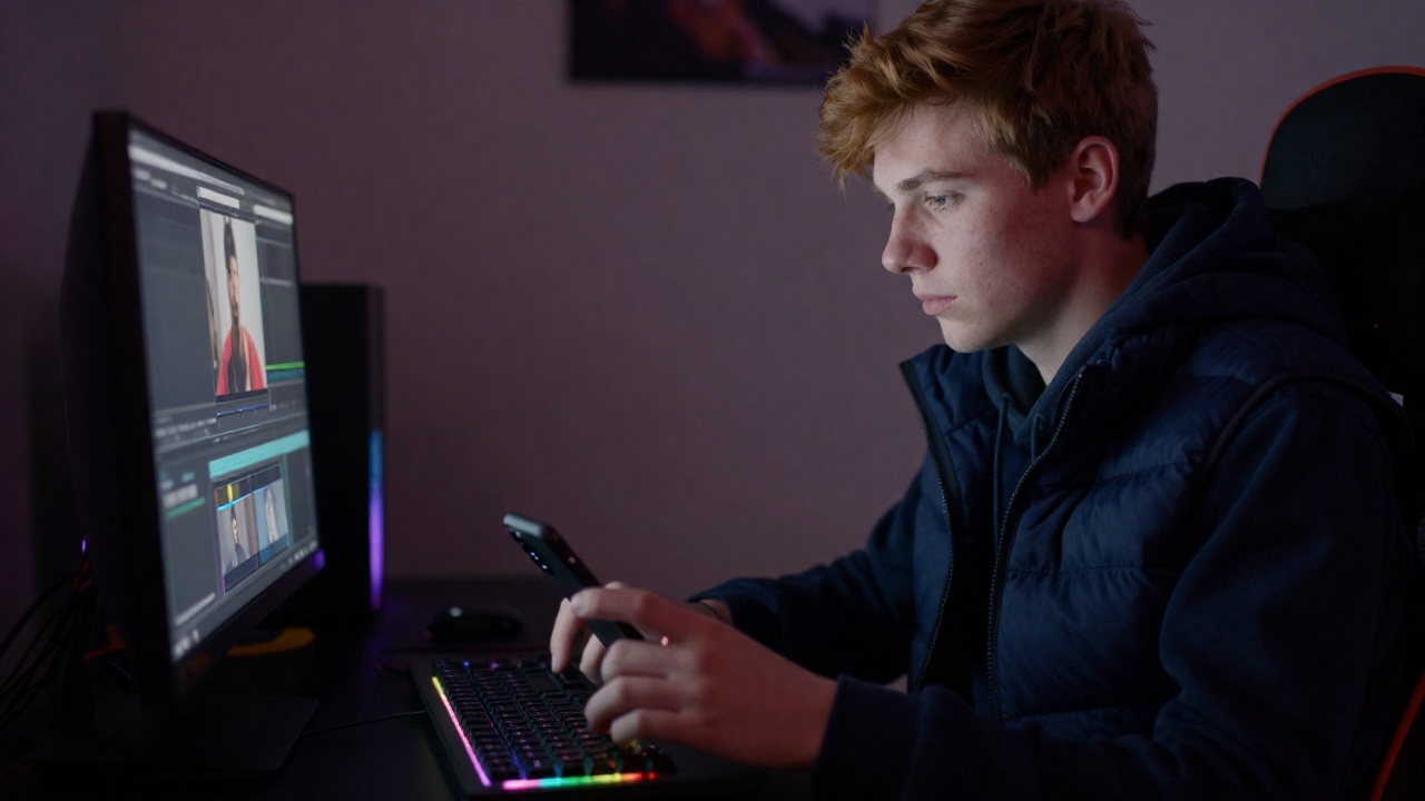 Young creator reframing a horizontal interview into a vertical clip on his laptop, phone standing upright beside the keyboard