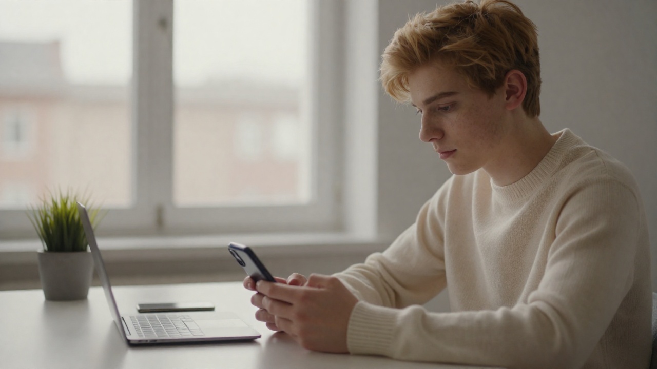 Young creator sitting by a window in late afternoon light, watching a vertical video on his phone