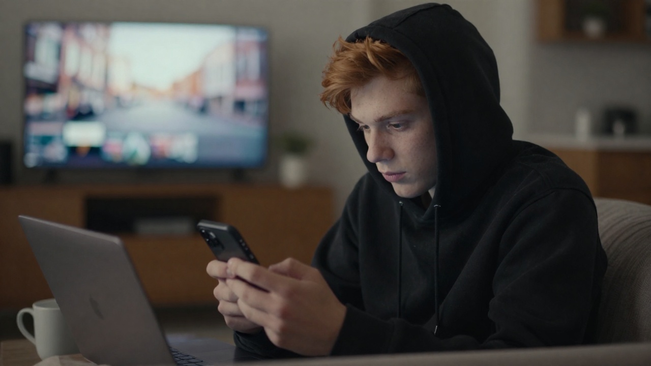 Young creator in a small sunlit kitchen in the morning, phone propped against a mug, laptop open beside him