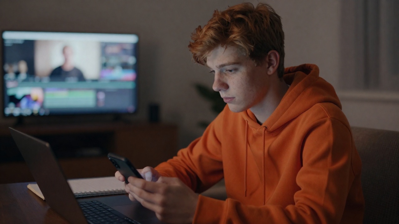 Young creator at a desk in the evening, watching a video on a laptop with an open notebook beside the keyboard